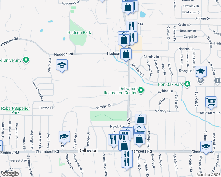 map of restaurants, bars, coffee shops, grocery stores, and more near 1377 Stein Road in Ferguson