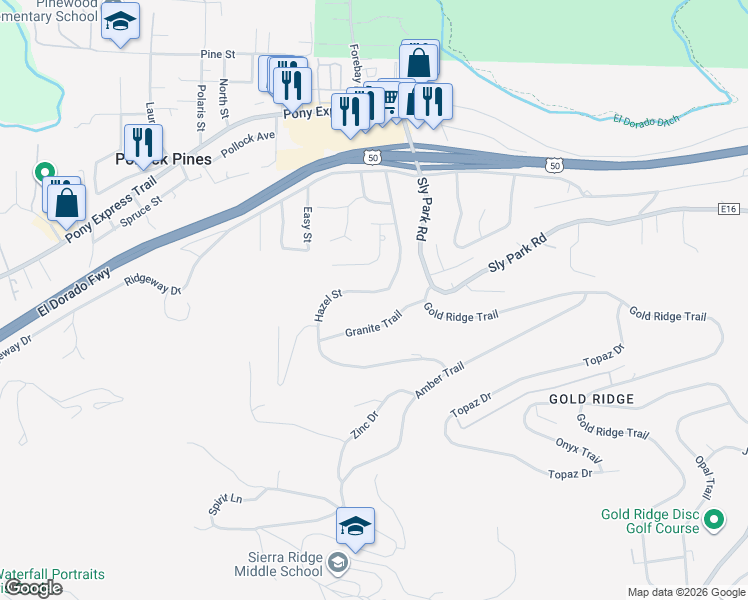 map of restaurants, bars, coffee shops, grocery stores, and more near 3146 Hazel Street in Pollock Pines