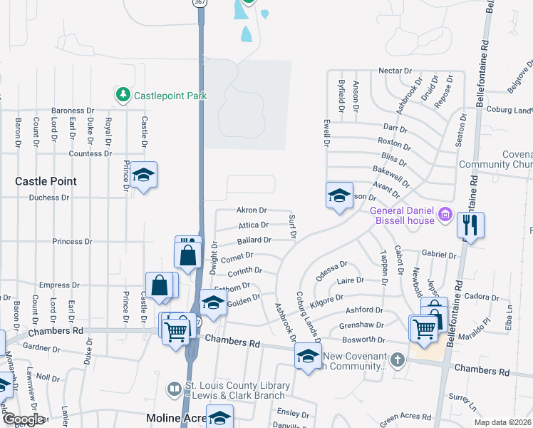 map of restaurants, bars, coffee shops, grocery stores, and more near 1441 Akron Drive in St. Louis