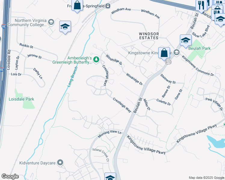 map of restaurants, bars, coffee shops, grocery stores, and more near 7425 Foxleigh Way in Alexandria