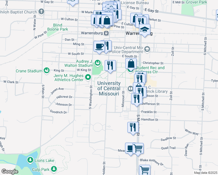 map of restaurants, bars, coffee shops, grocery stores, and more near 116 West South Street in Warrensburg