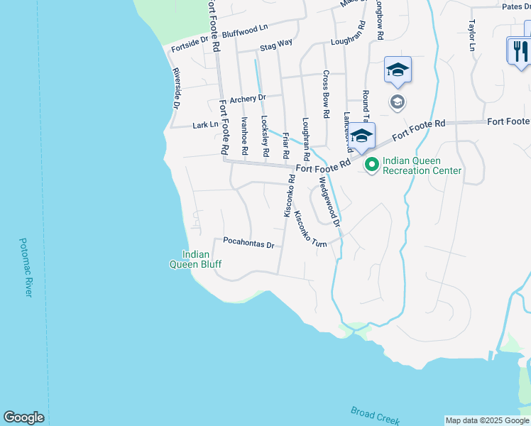 map of restaurants, bars, coffee shops, grocery stores, and more near 9611 Ponca Place in Fort Washington