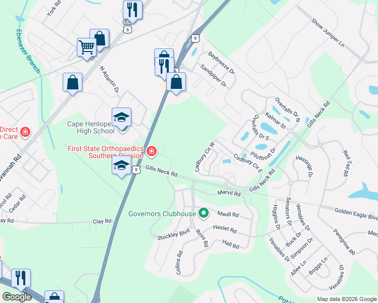 map of restaurants, bars, coffee shops, grocery stores, and more near Cadbury Circle West in Lewes