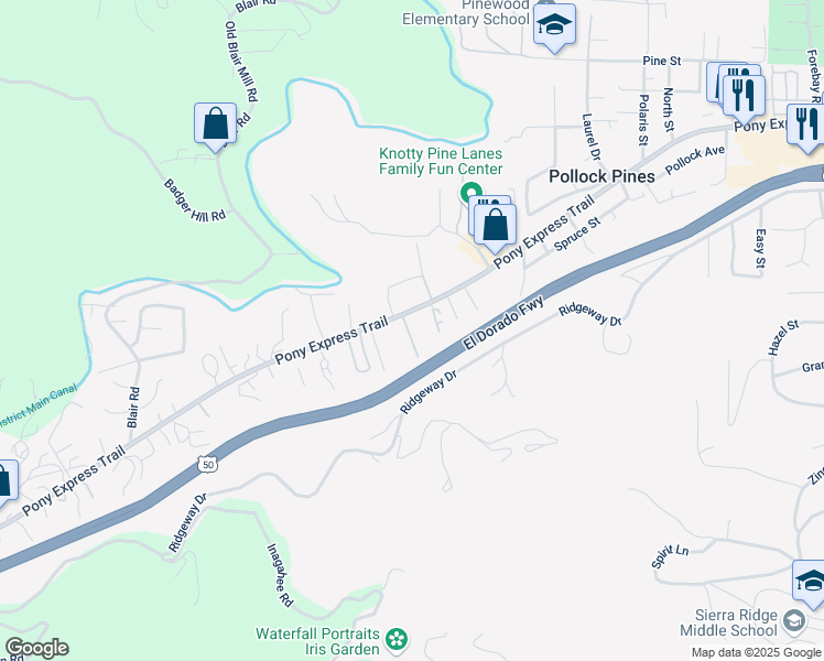 map of restaurants, bars, coffee shops, grocery stores, and more near 6060 Pony Express Trail in Pollock Pines