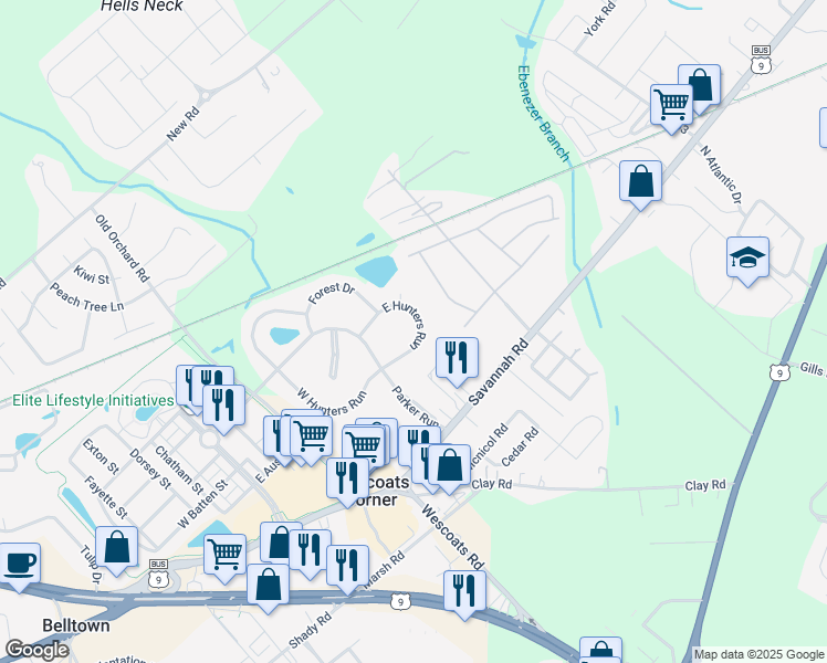 map of restaurants, bars, coffee shops, grocery stores, and more near 33653 East Hunters Run in Lewes