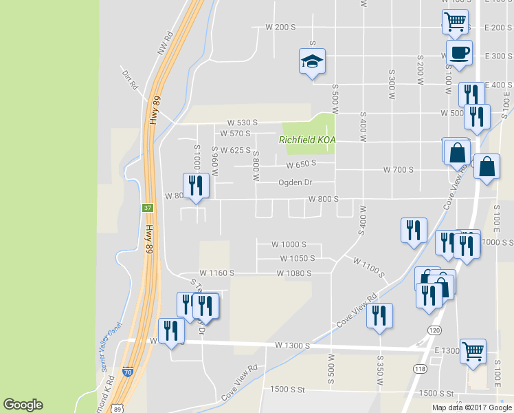 map of restaurants, bars, coffee shops, grocery stores, and more near 860 West Sunset Drive in Richfield