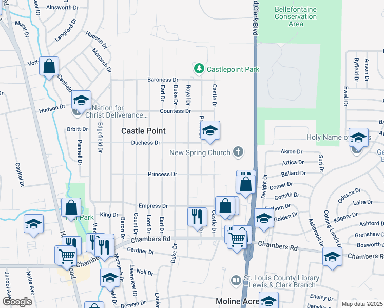 map of restaurants, bars, coffee shops, grocery stores, and more near 10232 Royal Drive in Saint Louis