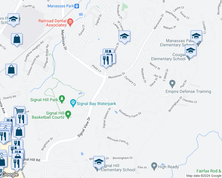 map of restaurants, bars, coffee shops, grocery stores, and more near 9112 Mulder Court in Manassas