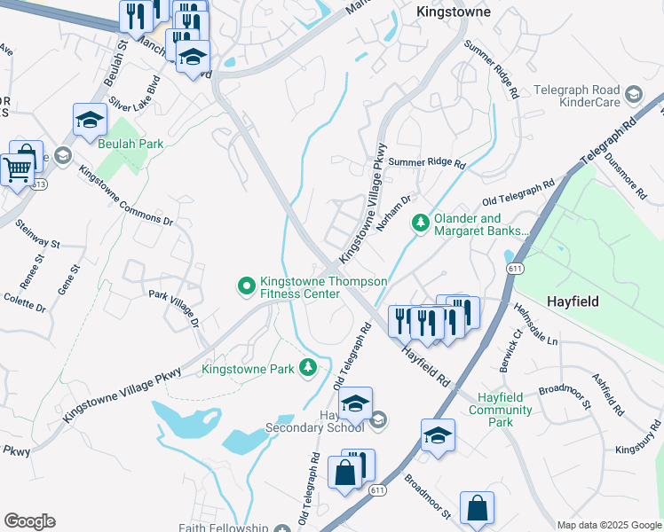 map of restaurants, bars, coffee shops, grocery stores, and more near Kingstowne Village Pkwy & Hayfield Rd in Franconia