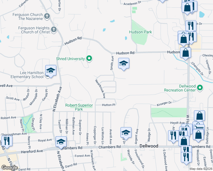 map of restaurants, bars, coffee shops, grocery stores, and more near 917 Westwold Avenue in Ferguson