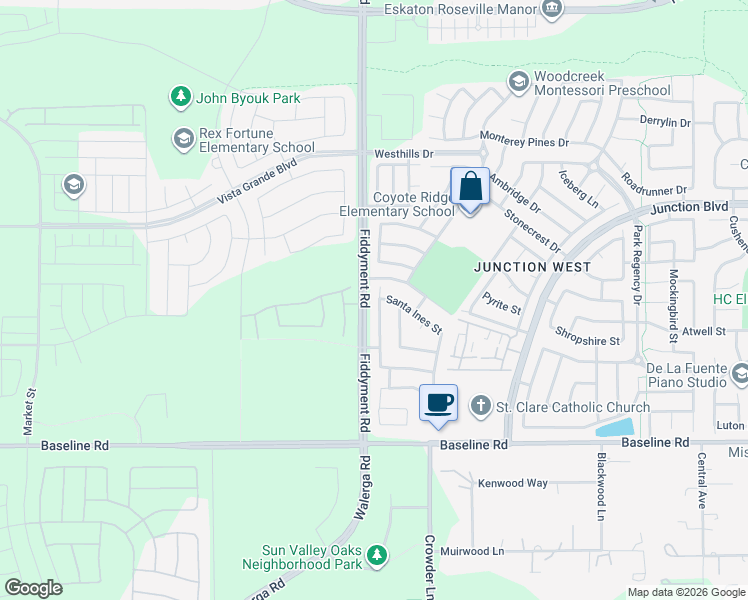 map of restaurants, bars, coffee shops, grocery stores, and more near 116 Soledad Court in Roseville