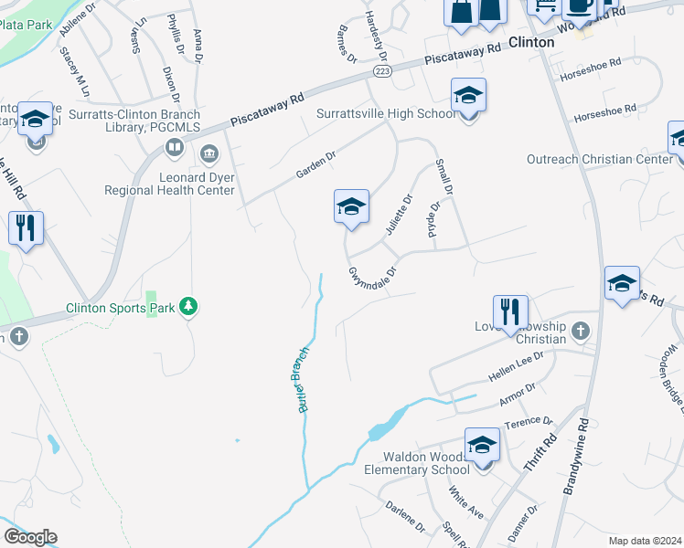 map of restaurants, bars, coffee shops, grocery stores, and more near 9603 Gwynndale Drive in Clinton