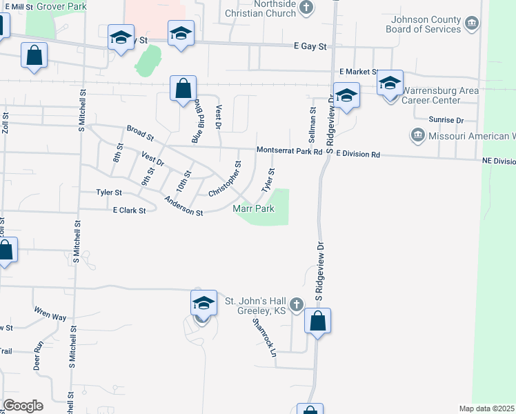 map of restaurants, bars, coffee shops, grocery stores, and more near 1100 Tyler Street in Warrensburg