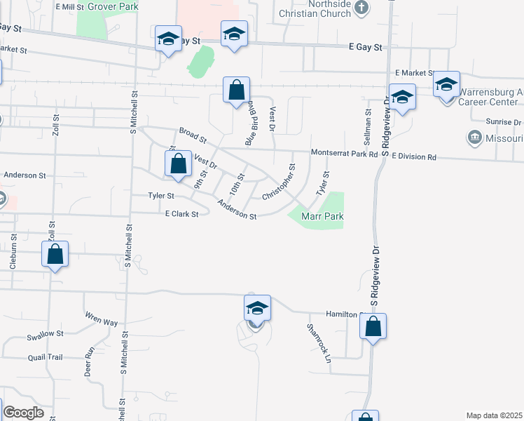 map of restaurants, bars, coffee shops, grocery stores, and more near 1017 Anderson Street in Warrensburg