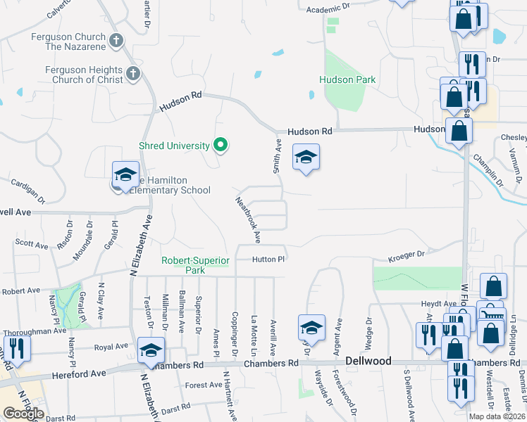 map of restaurants, bars, coffee shops, grocery stores, and more near 916 Dyerdown Avenue in Ferguson
