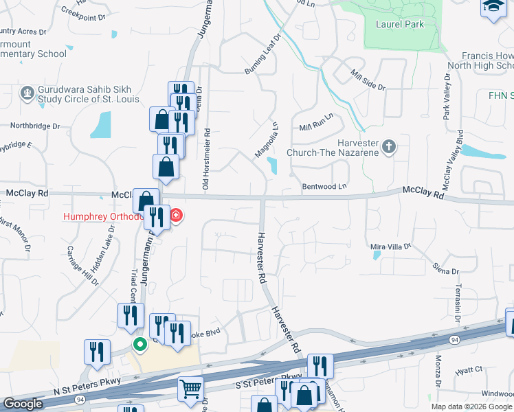 map of restaurants, bars, coffee shops, grocery stores, and more near 7 Harvest Meadow Court in St. Peters