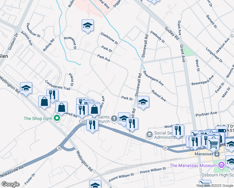map of restaurants, bars, coffee shops, grocery stores, and more near 9120 Park Avenue in Manassas