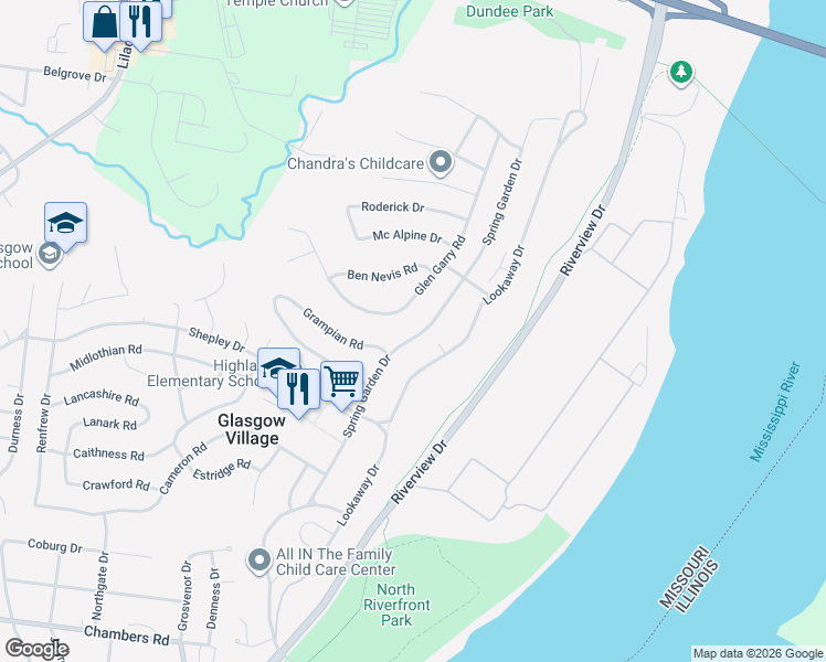 map of restaurants, bars, coffee shops, grocery stores, and more near 10605 Spring Garden Drive in St. Louis