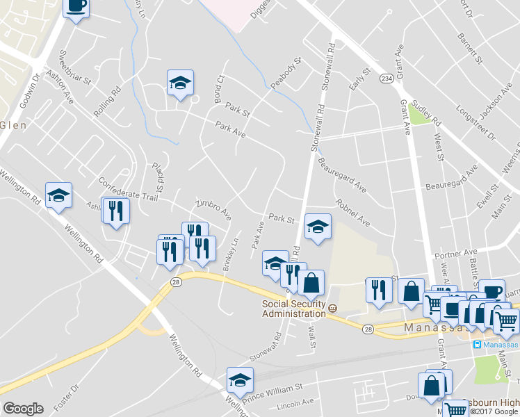 map of restaurants, bars, coffee shops, grocery stores, and more near 9120 Park Avenue in Manassas