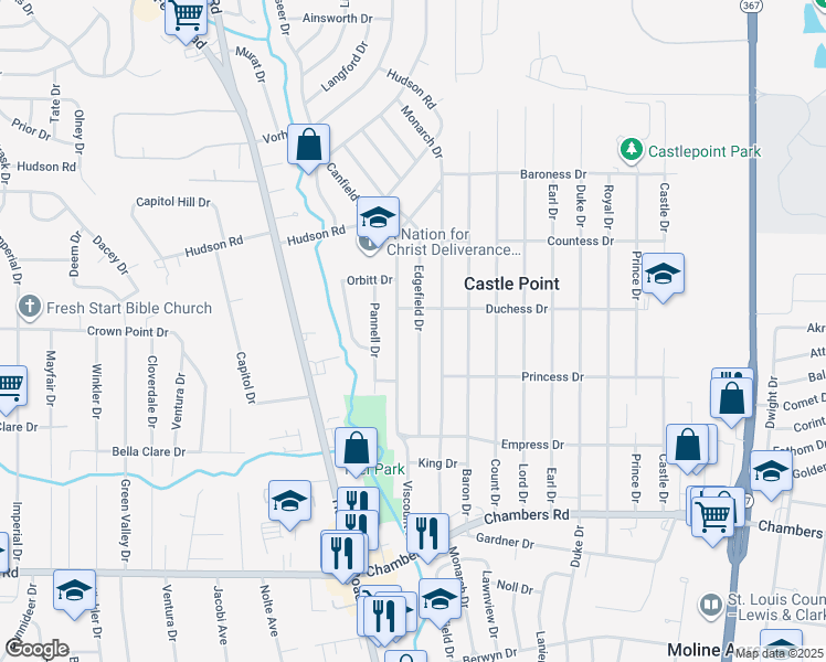 map of restaurants, bars, coffee shops, grocery stores, and more near 10229 Edgefield Drive in Saint Louis