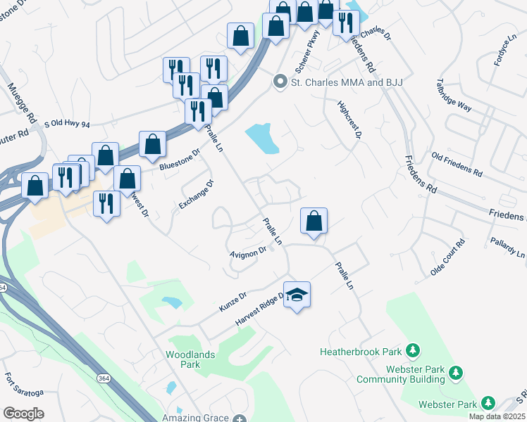 map of restaurants, bars, coffee shops, grocery stores, and more near 5 Sugar Maple Lane in Saint Charles