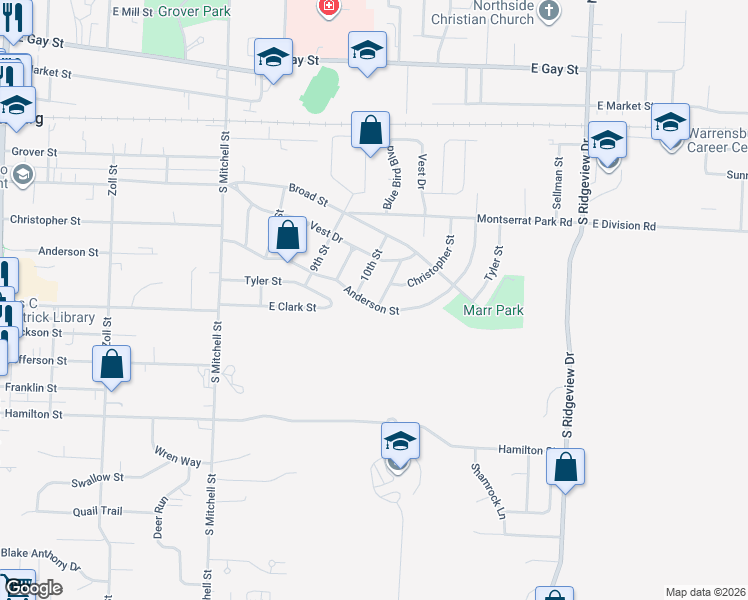 map of restaurants, bars, coffee shops, grocery stores, and more near 444 10th Street Terrace in Warrensburg