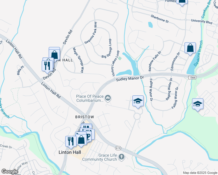 map of restaurants, bars, coffee shops, grocery stores, and more near 9244 Crestview Ridge Drive in Linton Hall