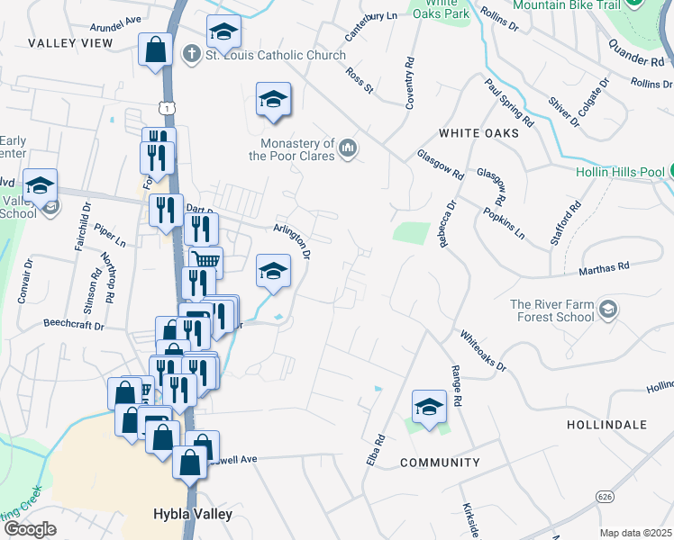 map of restaurants, bars, coffee shops, grocery stores, and more near 2482 Windbreak Drive in Alexandria