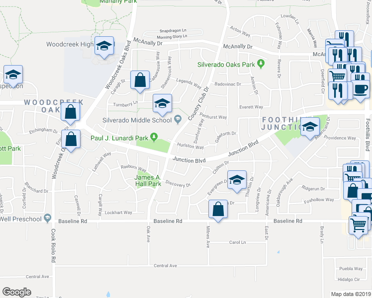 map of restaurants, bars, coffee shops, grocery stores, and more near 1422 Hurlston Way in Roseville