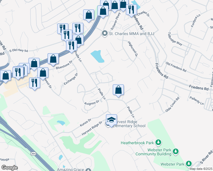 map of restaurants, bars, coffee shops, grocery stores, and more near 20 Sugar Maple Lane in Saint Charles