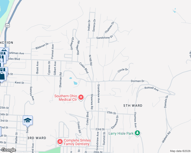 map of restaurants, bars, coffee shops, grocery stores, and more near 2838 North Hill Road in Portsmouth