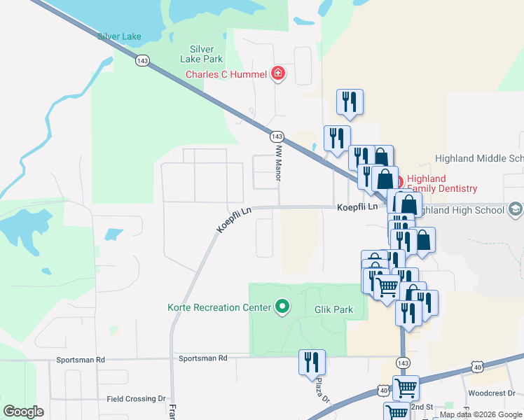 map of restaurants, bars, coffee shops, grocery stores, and more near 12445 Koepfli Lane in Highland