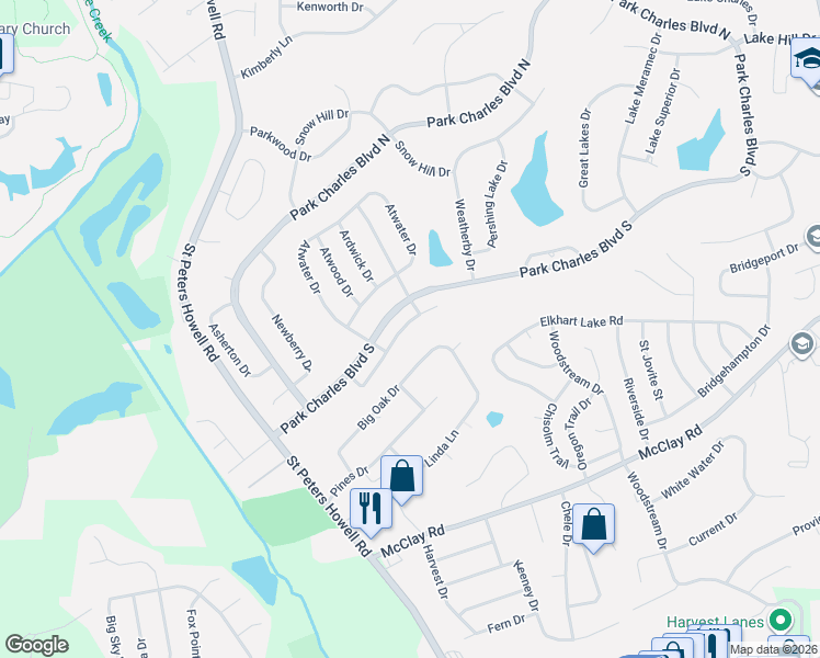 map of restaurants, bars, coffee shops, grocery stores, and more near 55 Park Charles Boulevard South in St. Peters