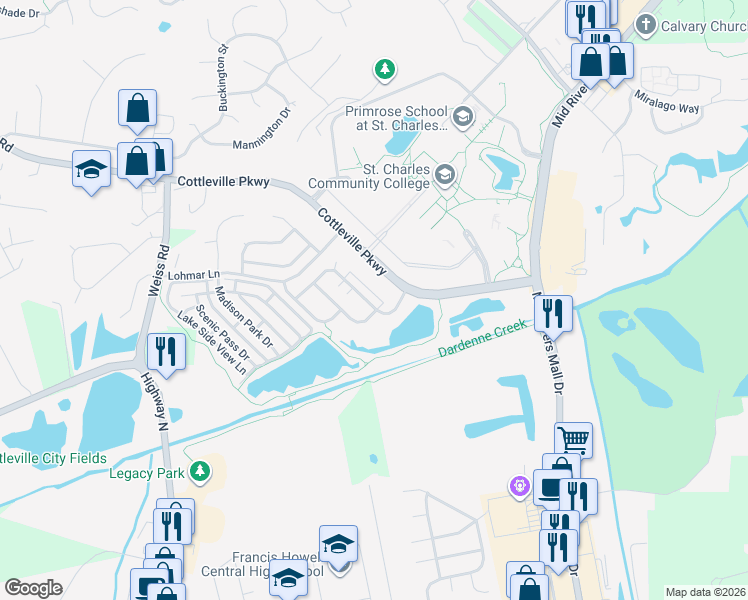 map of restaurants, bars, coffee shops, grocery stores, and more near 1269 Harmony Lake Drive in St. Peters