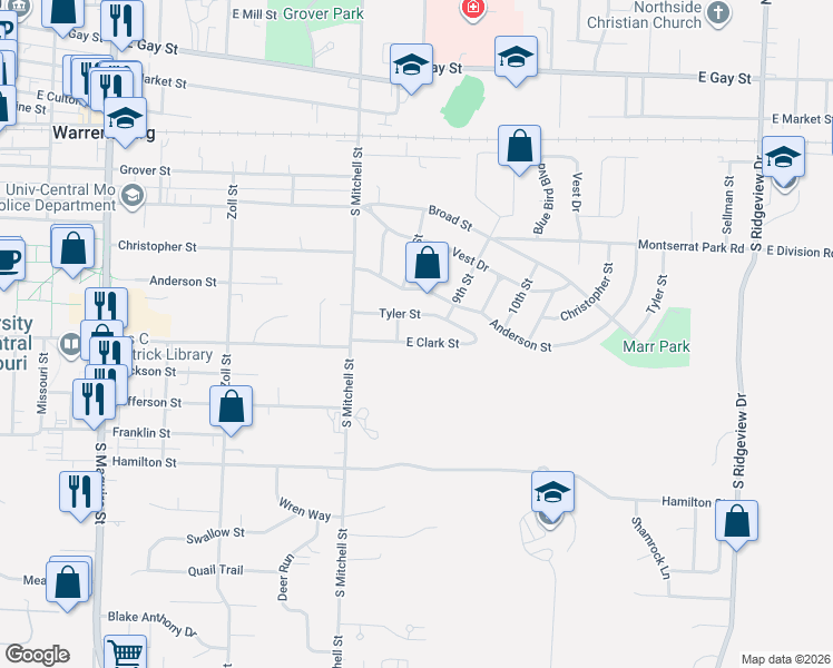 map of restaurants, bars, coffee shops, grocery stores, and more near 800 Tyler Street in Warrensburg