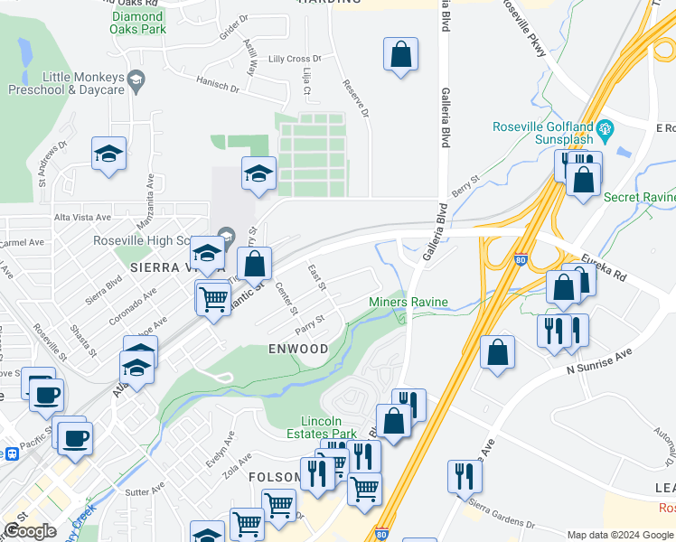 map of restaurants, bars, coffee shops, grocery stores, and more near 1009 Shearer Street in Roseville