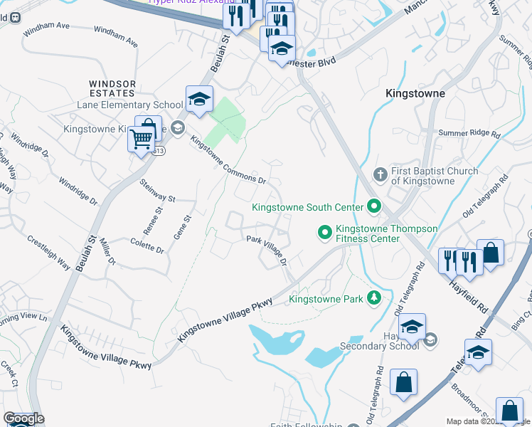 map of restaurants, bars, coffee shops, grocery stores, and more near 7436 Heatherfield Lane in Alexandria