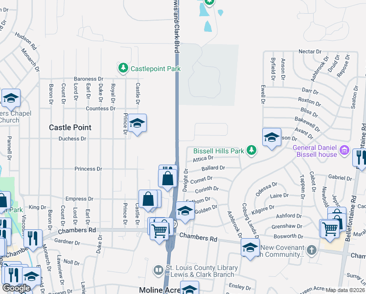 map of restaurants, bars, coffee shops, grocery stores, and more near 10151 Dwight Drive in St. Louis