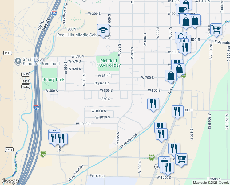 map of restaurants, bars, coffee shops, grocery stores, and more near 525 West 800 South in Richfield