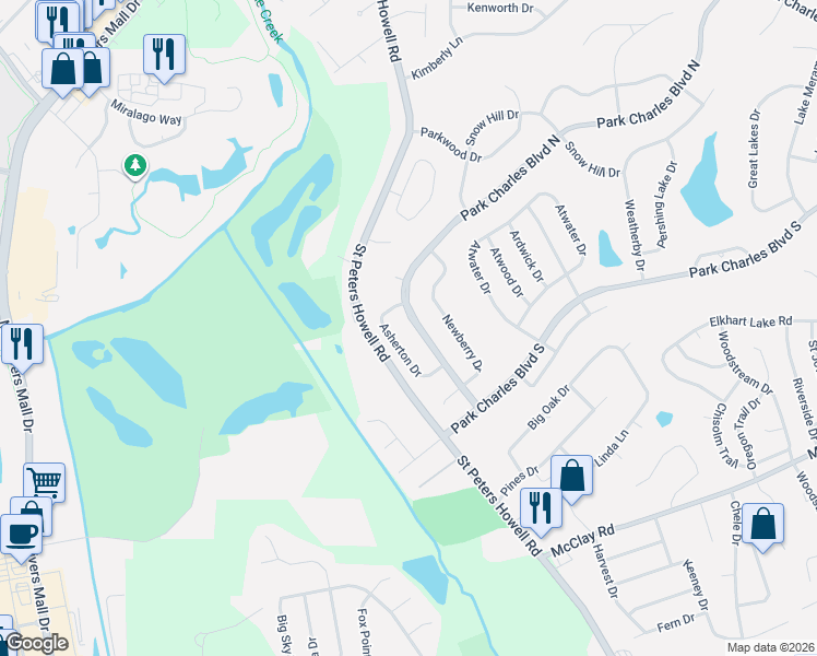 map of restaurants, bars, coffee shops, grocery stores, and more near 29 Park Charles Boulevard North in St. Peters