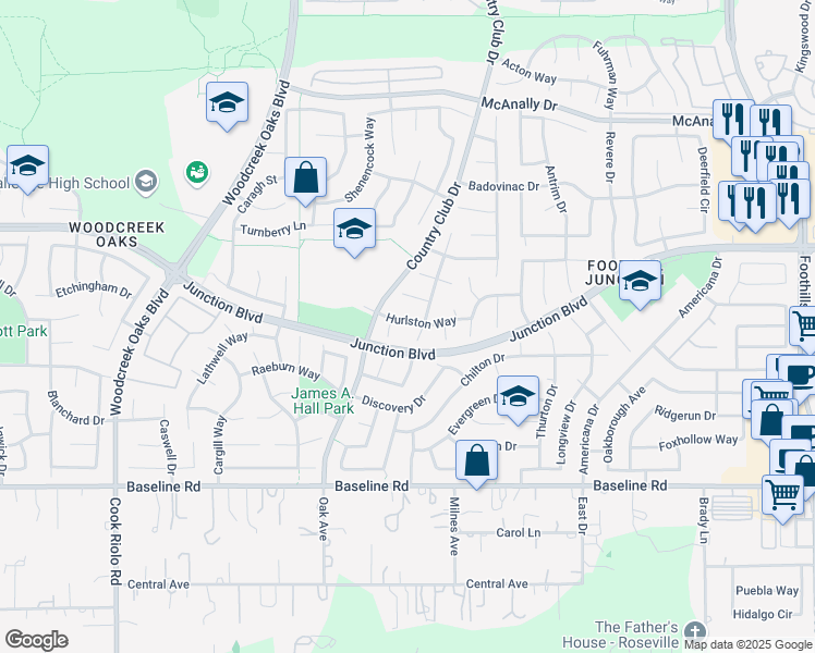 map of restaurants, bars, coffee shops, grocery stores, and more near 1417 Hurlston Way in Roseville