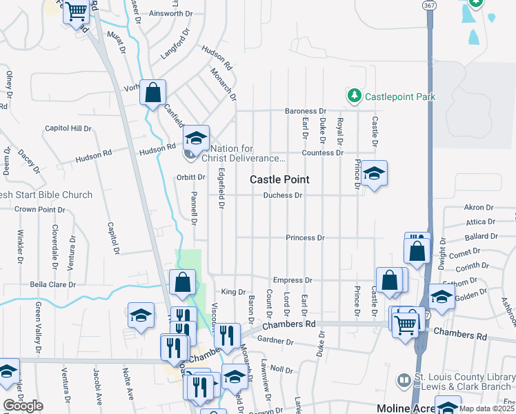 map of restaurants, bars, coffee shops, grocery stores, and more near 10187 Count Drive in St. Louis