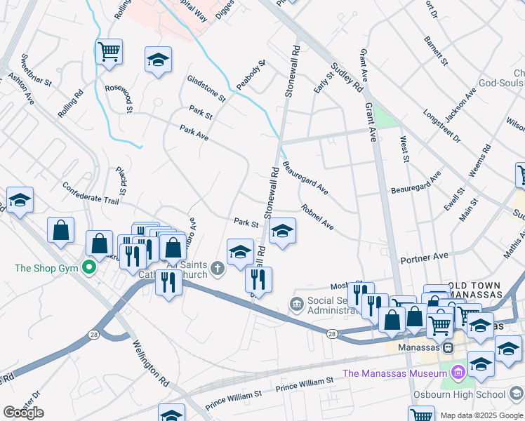 map of restaurants, bars, coffee shops, grocery stores, and more near 9200 Stonewall Road in Manassas
