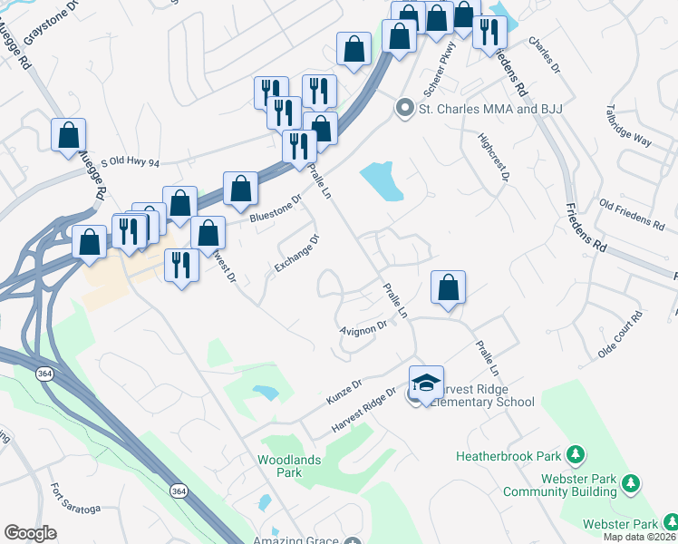 map of restaurants, bars, coffee shops, grocery stores, and more near 1099 Pralle Lane in Saint Charles