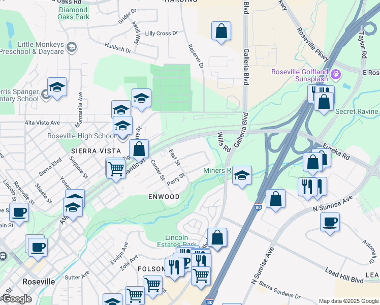 map of restaurants, bars, coffee shops, grocery stores, and more near 1017 Shearer Street in Roseville
