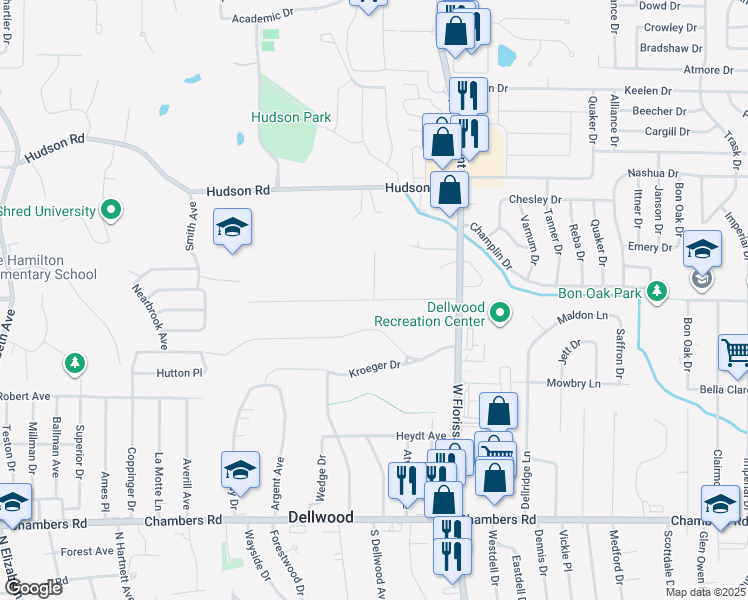 map of restaurants, bars, coffee shops, grocery stores, and more near Stein Road in Saint Louis