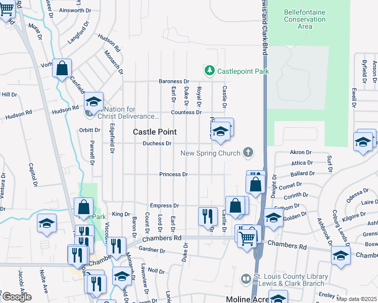 map of restaurants, bars, coffee shops, grocery stores, and more near 10240 Duke Drive in St. Louis