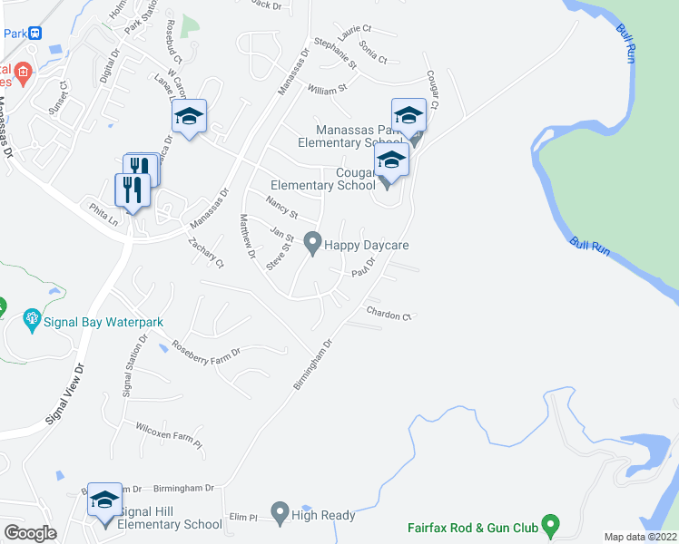 map of restaurants, bars, coffee shops, grocery stores, and more near 9308 Paul Drive in Manassas