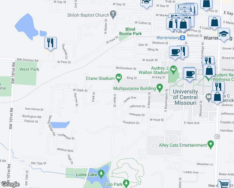 map of restaurants, bars, coffee shops, grocery stores, and more near 601 South Main Street in Warrensburg