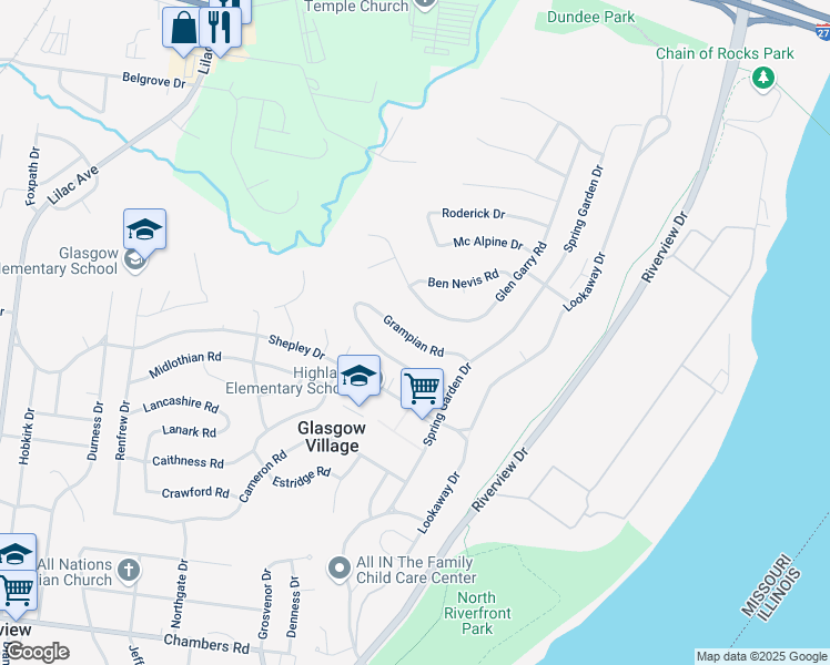 map of restaurants, bars, coffee shops, grocery stores, and more near 153 Grampian Road in St. Louis